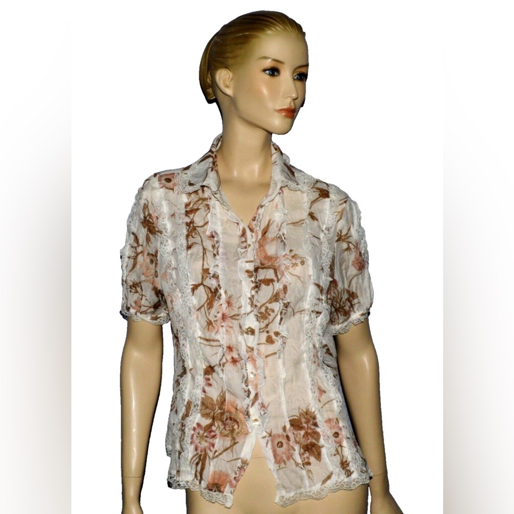 APANAGE GERMANY NEW NWT SIZE 14 L LARGE IVORY FLORAL PRINT RUFFLE LACE BLOUSE